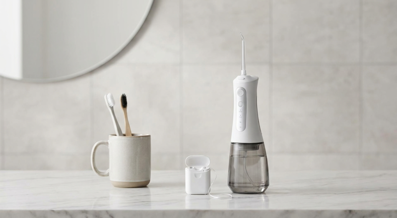 Water flosser with fine water stream aimed at the gumline between two teeth, bathroom setting