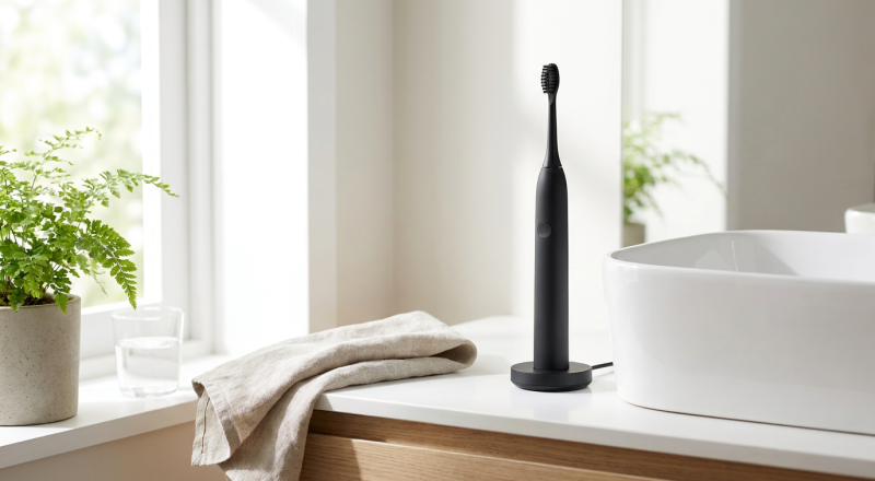 Burst sonic toothbrush on its charging base next to a bathroom sink