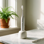 Electric toothbrush holder in white ceramic keeping an electric toothbrush upright to air dry on a marble bathroom counter