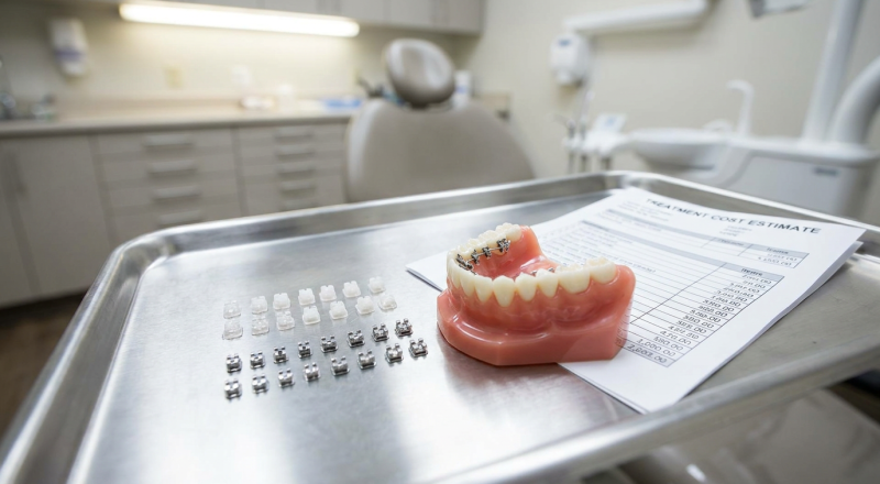 Metal, ceramic, and lingual braces samples next to a cost estimate sheet illustrating how much do braces cost by type