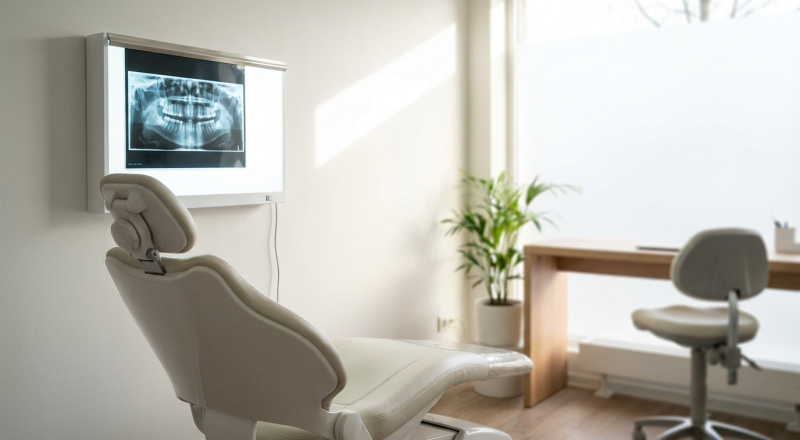 dental chair and panoramic x-ray illustrating wisdom teeth removal cost