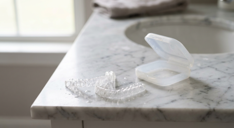 Invisible braces aligners: two clear plastic aligner trays beside an open storage case on a bathroom counter