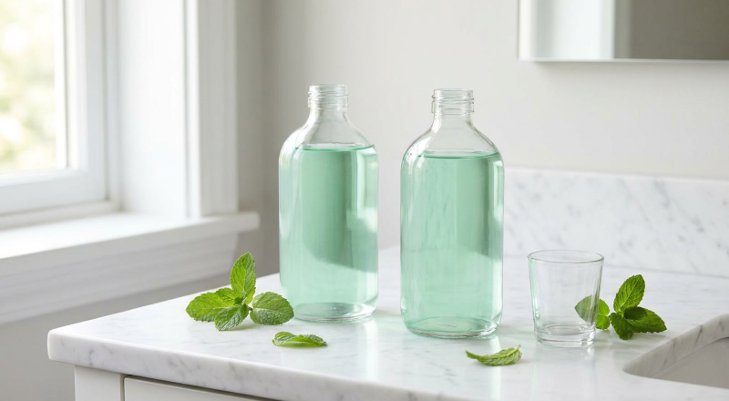 Mouthwash no alcohol bottles on a bathroom counter with a rinse cup and mint leaves