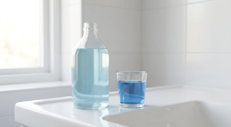 Mouthwash TheraBreath style pale blue oral rinse in a clear bottle beside a rinse cup on a bathroom sink