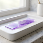 purple teeth whitening strip on a white ceramic tray, violet color corrector strip for yellow teeth