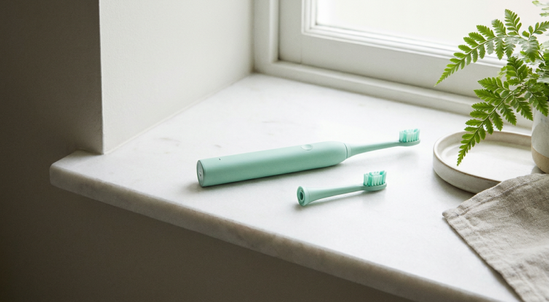 Quip toothbrush handle with a brush head refill on a bathroom shelf
