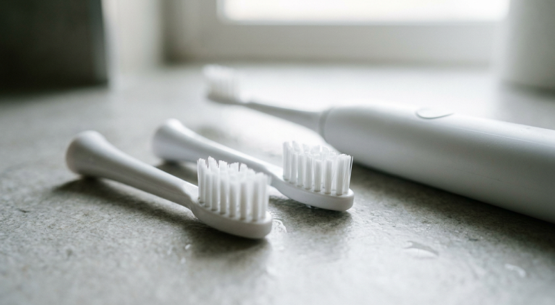 Sonicare replacement heads lined up beside an electric toothbrush handle on a bathroom counter