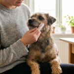 small dog having its teeth brushed with a finger toothbrush at home