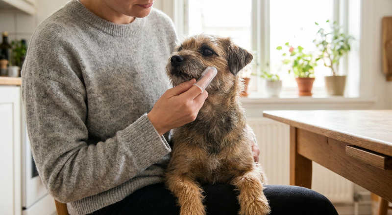 small dog having its teeth brushed with a finger toothbrush at home