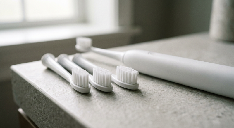 Toothbrush replacement heads with white bristles on a bathroom counter beside an electric toothbrush handle