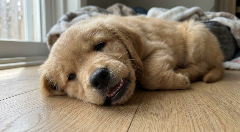 Puppy with mouth slightly open showing small baby teeth during the age when puppies lose their baby teeth