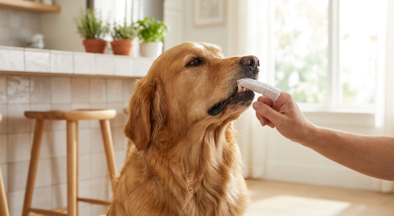 Hand with a dental wipe on one finger cleaning the front teeth of a golden retriever in a bright kitchen