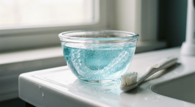 Retainer cleaner pod solution fizzing light blue in a glass bowl with a clear plastic retainer soaking inside and a soft toothbrush beside it