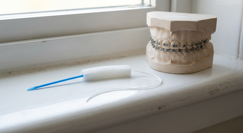 Pre-cut super floss strand with a stiff blue end, spongy middle and regular tail beside a dental model with braces