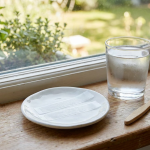 Two whitening strips on a white dish beside a glass of water and a bamboo toothbrush on a bathroom windowsill